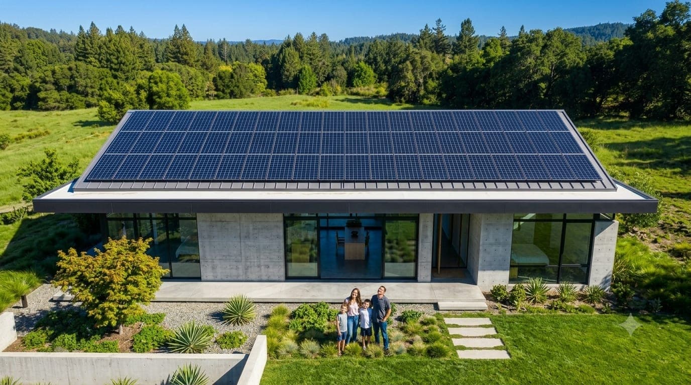 Moderne Sichtbeton-Immobilie mit integrierter Solaranlage auf dem Dach, Familie davor